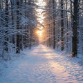 Snow-covered forest path with tall trees lining each side. The trees are dusted with Royalty Free Stock Photo