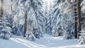 Snow-covered forest path winding through tall pine trees in winter landscape Royalty Free Stock Photo