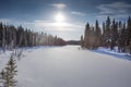 A snow covered forest with a river running through it Royalty Free Stock Photo