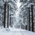 Snow-covered forest scene with a pathway edged by tall evergreen trees ( Royalty Free Stock Photo