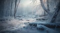 a snow covered forest with a stream running through the woods Royalty Free Stock Photo