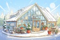 snow-covered a-frame metallic greenhouse in a nursey, magazine style illustration