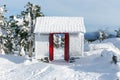 Snow-covered gate in Buddhist temple on a mountain top