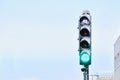 Snow-covered green traffic light for bicycles against the blue sky, Finland Royalty Free Stock Photo