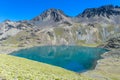 Snow covered high mountain and blue lake in Andes Royalty Free Stock Photo