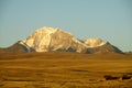 Snow covered high mountain view from flat field Royalty Free Stock Photo