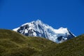 Snow covered high mountain view from green valley Royalty Free Stock Photo