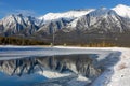 Snow Covered High Rocky Mountain Peaks Reflected in Calm Lake Water Royalty Free Stock Photo