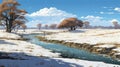 Snow-covered Hills By The Creek A Kawacy-inspired Landscape