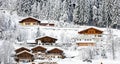 Snow covered hotels near a ski piste in the European Alps. Flachau, Austria