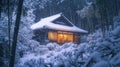 Snow-Covered House in a Bamboo Forest with Falling Snow Royalty Free Stock Photo
