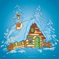 Snow-covered house, Christmas, New Year drawn in squares, pixels. Vector illustration