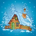 Snow-covered house, Christmas, New Year drawn in squares, pixels. Vector illustration