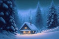 Snow covered house in forest at winter night, warm window light, chimney smoke. Generative AI illustration