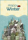 Snow covered house on Happy Winter celebration greeting background