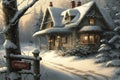 Snow Covered House Near a Christmas Tree Royalty Free Stock Photo