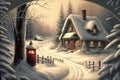 Snow Covered House Near a Christmas Tree Royalty Free Stock Photo