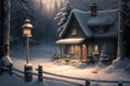 Snow Covered House Near a Christmas Tree Royalty Free Stock Photo