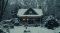 A Snow-Covered House with Warm Lights in a Snowy Forest Royalty Free Stock Photo
