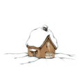 Snow covered, illuminated wooden hut in the snow