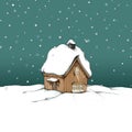 Snow covered, illuminated wooden hut in the snow at night