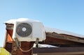 Snow covered invertor Air conditioner outdoor unit closeup on roof top Royalty Free Stock Photo