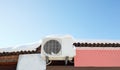 Snow covered invertor Air conditioner outdoor unit closeup on roof top Royalty Free Stock Photo