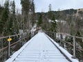 Snow-covered iron pedestrian bridge over the canyon of the Fallbach alpine stream at the foot of the Alpstein mountain range Royalty Free Stock Photo