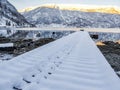 Snow-covered jetty winter landscape at the fjord lake Norway Royalty Free Stock Photo