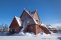Snow covered Kiruna Church in the shape of a Sami goahti in Kiruna, Sweden