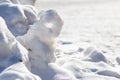 Snow covered landscape in cold winter with frosty and frozen snowbanks show the icy side of winter in January and February as tour