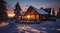 A snow-covered landscape with a cozy cabin in the background.