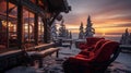 A snow-covered landscape with a cozy cabin in the background.