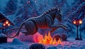 A horse sculpture, seemingly composed of twinkling lights, leaps above a glowing Royalty Free Stock Photo