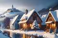 A snow-covered landscape with houses along path