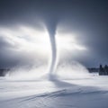 Snow-covered landscape with a powerful tornado funneling down Royalty Free Stock Photo