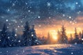 Snow-covered landscape with trees under a starry sky, snowflakes falling, A picturesque winter landscape with a starry sky and