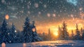 Snow-covered landscape with trees under a starry sky, snowflakes falling, A picturesque winter landscape with a starry sky and