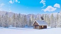 Snow covered log cabin in mountains at winter day