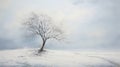 Snow Covered Lone Sapling Tree: A Symbolic Figurative Landscape In Soft Color Blending