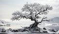 Snow-covered lonely trees near a lake in a winter landscape