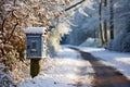 Snow-covered mailbox on a country road - stock photography concepts