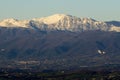 Snow-covered Matese Mountains seen from Castel Morrone after the sharp drop in temperatures that affected the whole of Italy. Royalty Free Stock Photo