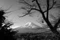Snow covered Mount Fuji and blue sky autumn view from Chureito Pagoda park in Fujiyoshida. Black and white Royalty Free Stock Photo