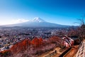 Snow covered Mount Fuji and blue sky autumn view from Chureito Pagoda park in Shimoyoshida - Fujiyoshida Royalty Free Stock Photo