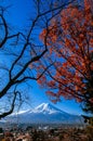 Snow covered Mount Fuji and red maple view from Chureito Pagoda park in Shimoyoshida - Fujiyoshida Royalty Free Stock Photo