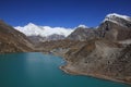 Snow covered mountain Cho Oyo and Dudh Pokhari, lake in Gokyo Royalty Free Stock Photo