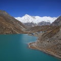 Snow covered mountain Cho Oyo and Dudh Pokhari, lake in Gokyo Royalty Free Stock Photo