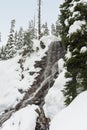 Snow Covered Mountain Forest Landscape with Winter Waterfall