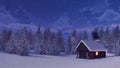 Snow covered mountain hut at snowfall winter night
